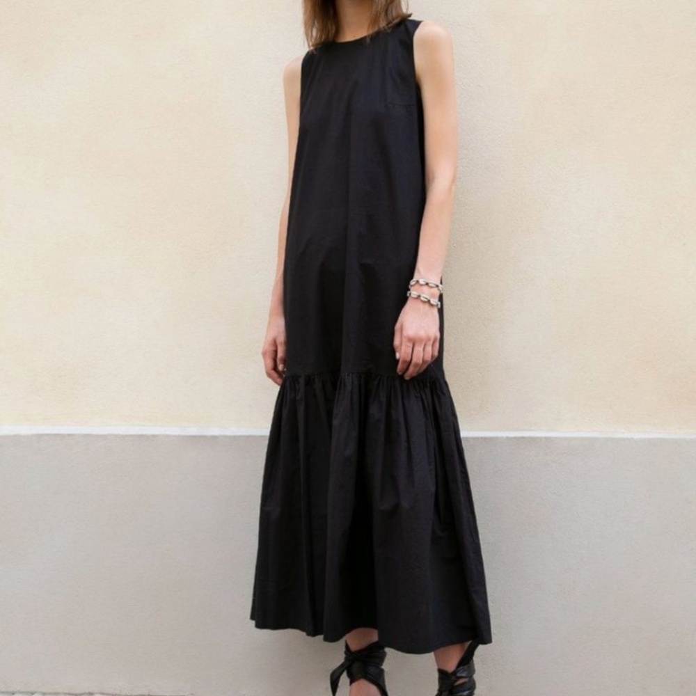The Frankie Shop LouLou Sleeveless Flouncy Hem Maxi Dress in Black